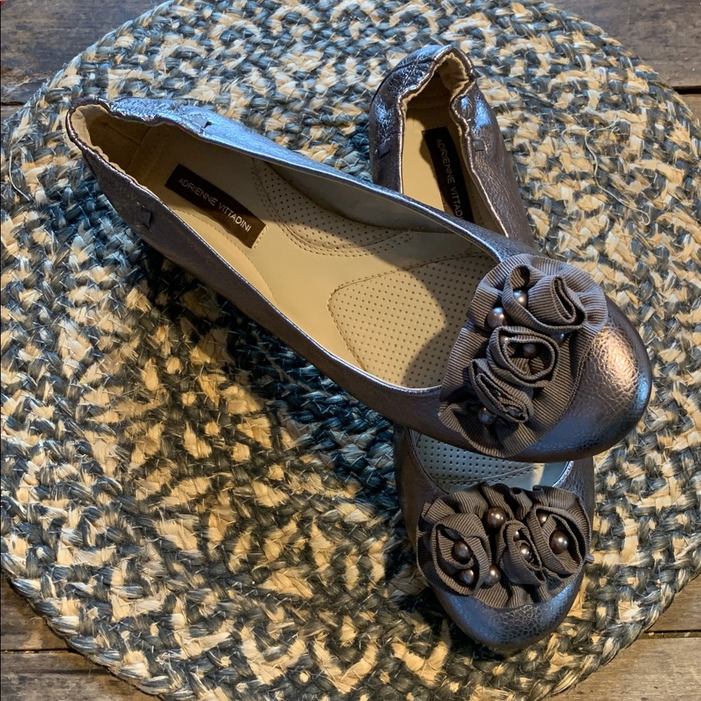 Adrienne Vittadini Metallic Leather Floral Applique Ballet Flats